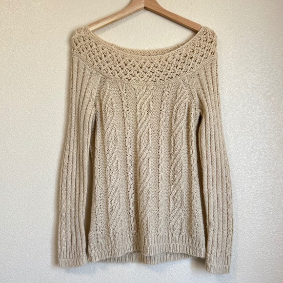 LOFT Sweaters - Y2K LOFT Mohair Blend Knit Sweater Beige Scoop Off Shoulder Size S Pointelle